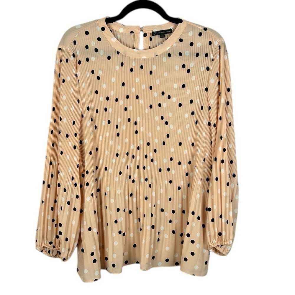 Adrianna Papell Polka Dot Retro Pleated Long Sleeve Flowy Blouse XL Cream